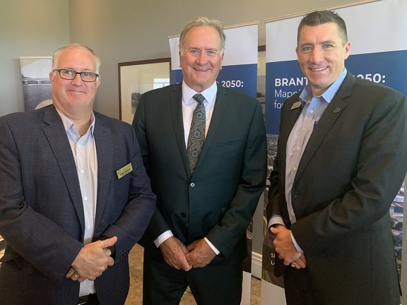 Chris Rayfield, president of the Chamber of Commerce Brantford-Brant, with Mayor Kevin Davis and chamber CEO David Prang at the Mayor's Breakfast presentation held at the Brantford Golf and County Club on Wednesday, June 26. PHOTO BY VINCENT BALL /Brantford Expositor