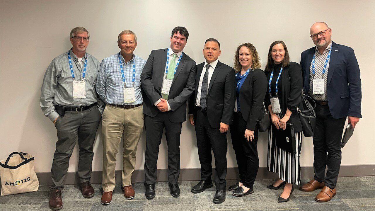 County of Brant councillors John MacAlpine, John Bell, Lukas Oakley and Jennifer Kyle, and county staff Alysha Dyjach and Philip Mete met with MPP Anthony Leardi (centre) at AMO last week.