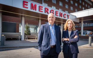 Dave Diegel, chair of the Brant Community Healthcare System board of directors, and Bonnie Camm, president and CEO of the Brant Community Healthcare System, outside the Brantford hospital's emergency department.