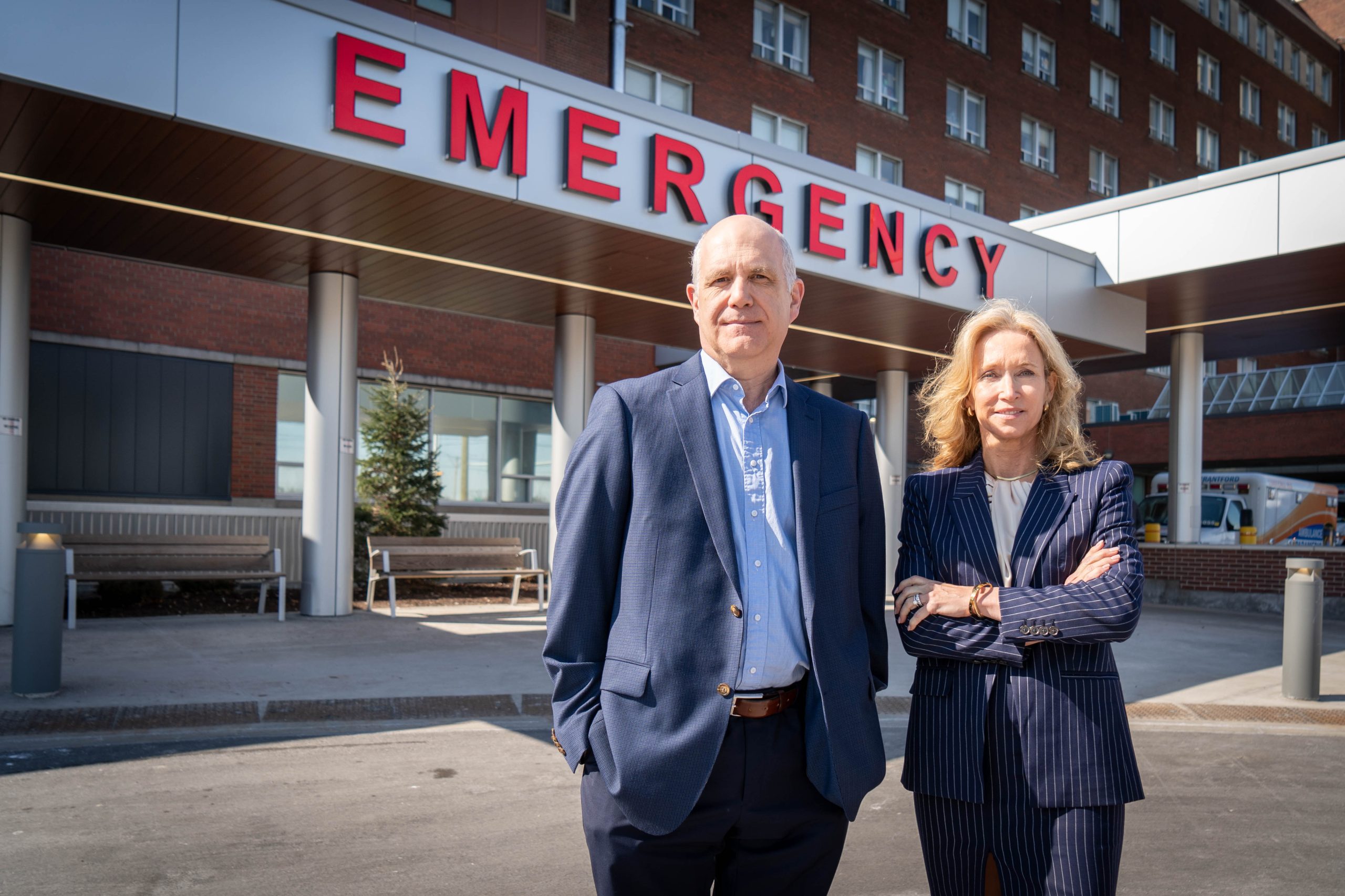 Dave Diegel, chair of the Brant Community Healthcare System board of directors, and Bonnie Camm, president and CEO of the Brant Community Healthcare System, outside the Brantford hospital's emergency department.