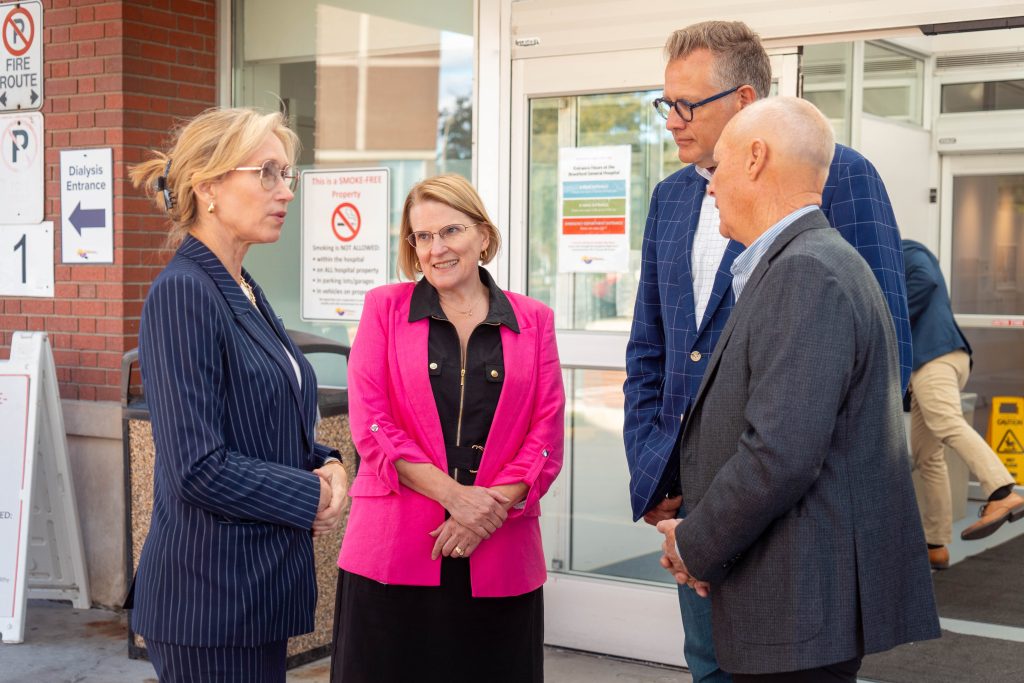 Bonnie Camm, BCHS President & CEO, and Paul Emerson, Chair, Redevelopment & Properties Committee of the Board, welcome the Deputy Premier and Minister of Health, Sylvia Jones, and Will Bouma, MPP Brantford–Brant, to Brantford General Hospital. Bonnie Camm, BCHS President & CEO, and Paul Emerson, Chair, Redevelopment & Properties Committee of the Board, welcome the Deputy Premier and Minister of Health, Sylvia Jones, and Will Bouma, MPP Brantford–Brant, to Brantford General Hospital.