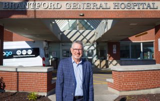 Don Shilton, Chair of the independent Site Identification Task Force, stands out front of the Brantford General Hospital