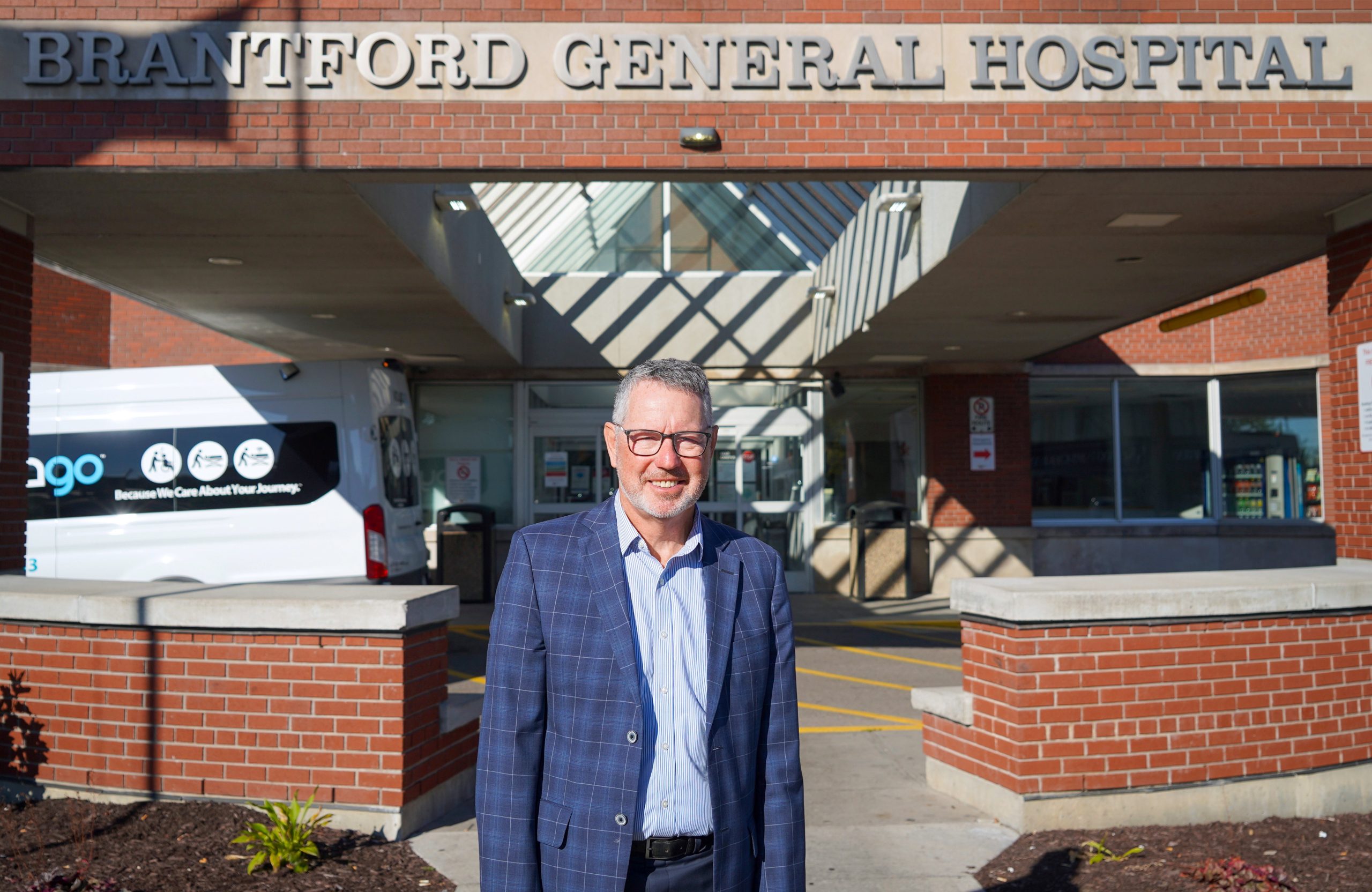 Don Shilton, Chair of the independent Site Identification Task Force, stands out front of the Brantford General Hospital